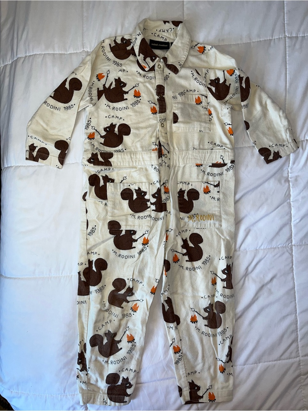 Mini Rodini Cream Squirrel Print One-Piece Jumpsuit with Orange Accents
